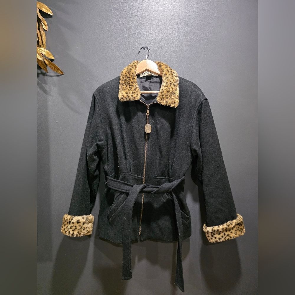 Wool lined Black Jacket with leopard trim Jason Kole Sz M
